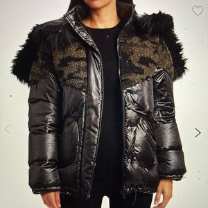 Blanc Noir Black Puffer with Camo Faux Shearling and Faux Fur size small